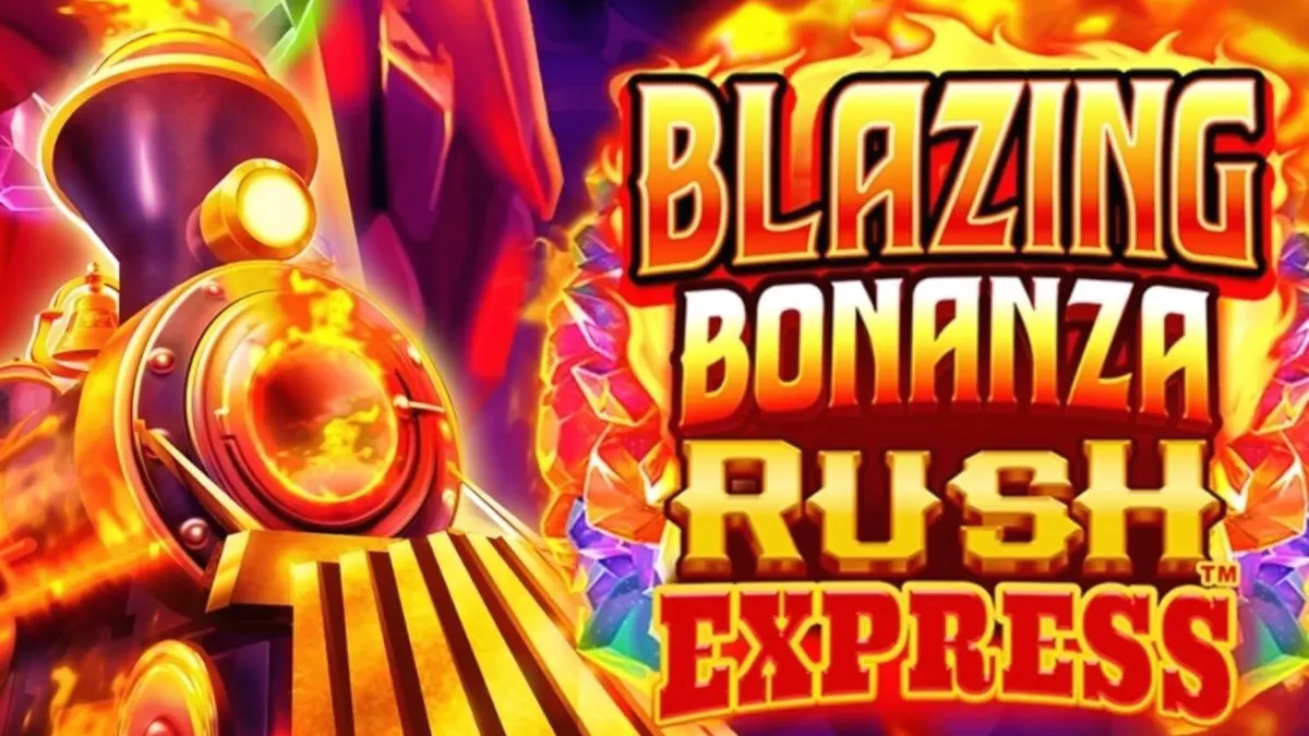Interface do jogo Blazing Bonanza Rush Express com elementos de mineração e trens