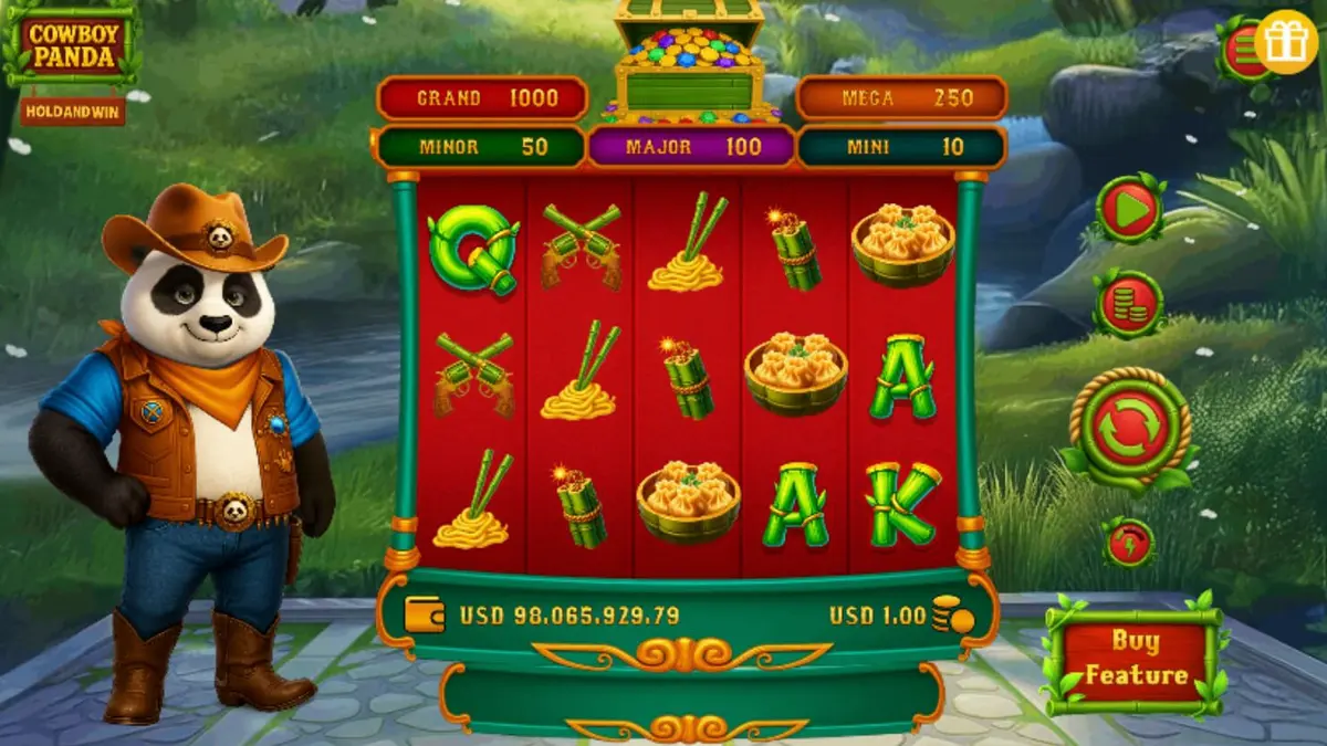 Panda cowboy girando rolos de um slot temático de Velho Oeste
