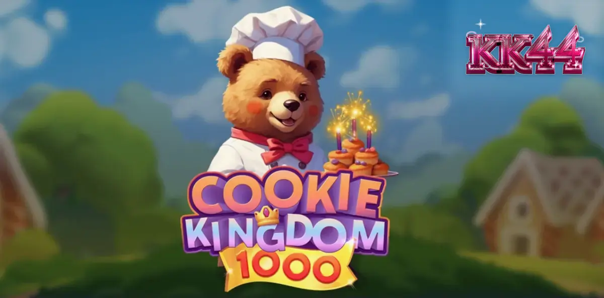 Captura de tela do jogo Cookie Kingdom 1000, mostrando símbolos de doces e animais em um cenário de reino de confeitaria.